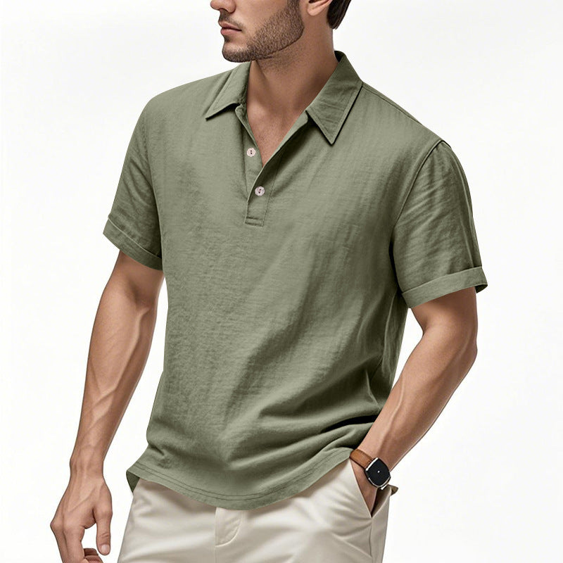 Men's British Casual Buckle Loose Linen Lapel Polo Shirt
